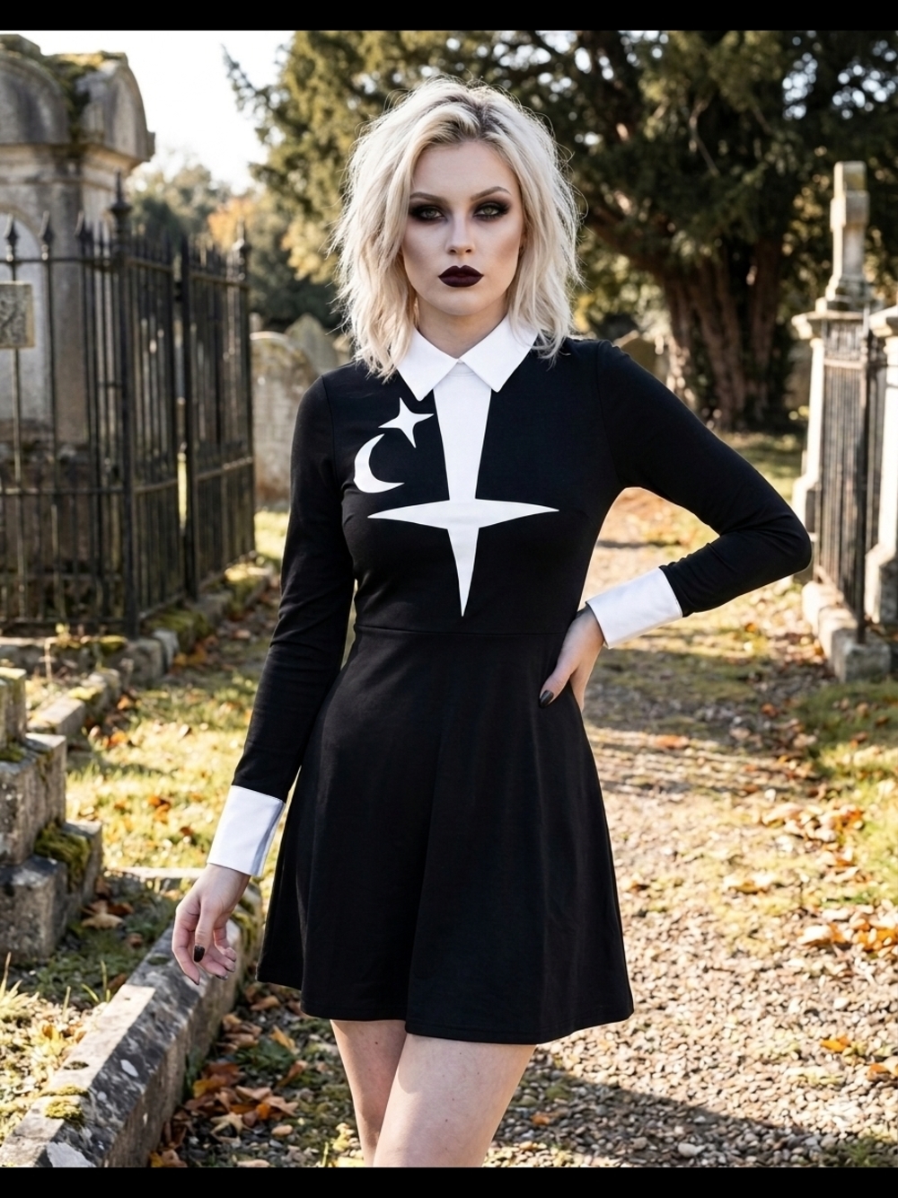 Black Long-Sleeve Gothic Collar Dress with White Celestial Graphic